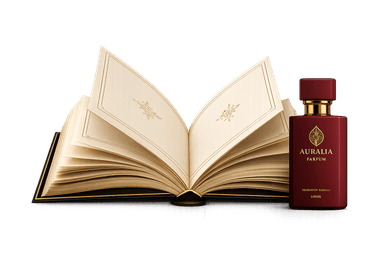 Open book beside an Auralia perfume bottle