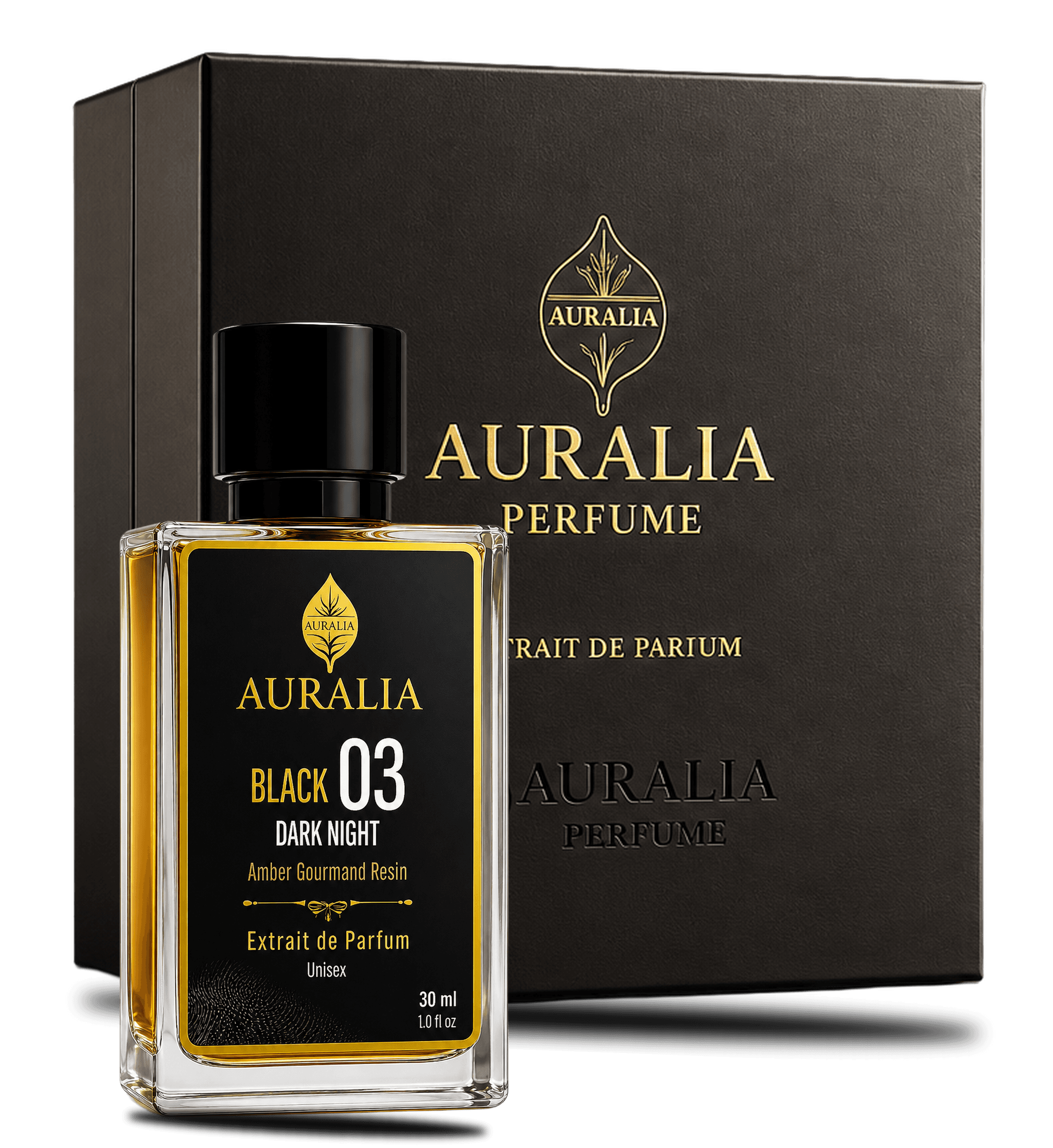 Auralia Black 03 Dark Night perfume with its gift box