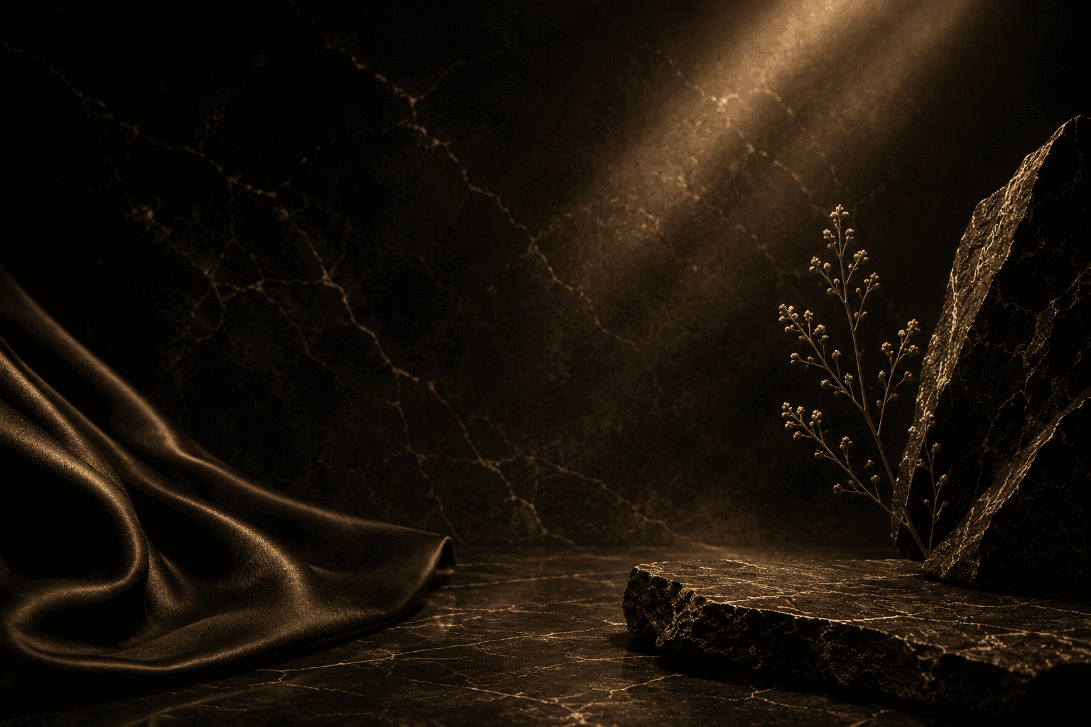 Dark marble studio with draped silk, stone, and a golden light ray